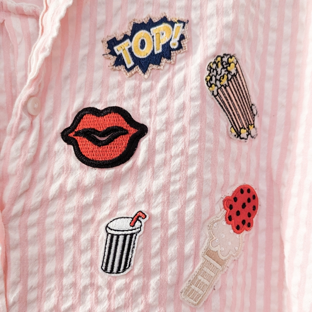 SOLD π« Zara Basic Poplin Popcorn Fun Patch Pink Striped Collared Shirt, Small - Picture 5 of 7
